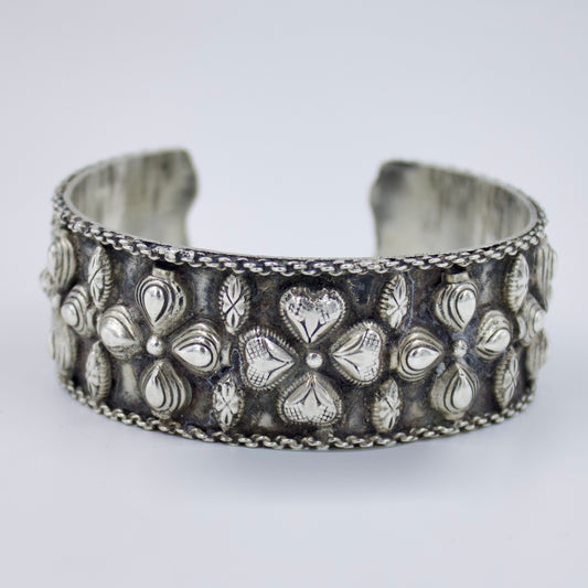 Vintage Handmade Floral Etched Tribal Statement Cuff Bracelet in Sterling Silver