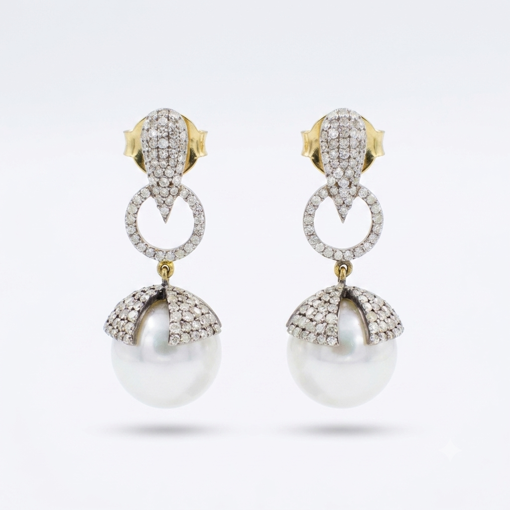 Victorian Diamond South Sea Pearl Drop Earrings in 14K Gold & Sterling Silver