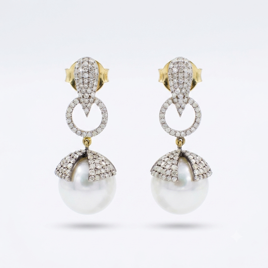 Victorian Diamond South Sea Pearl Drop Earrings in 14K Gold & Sterling Silver