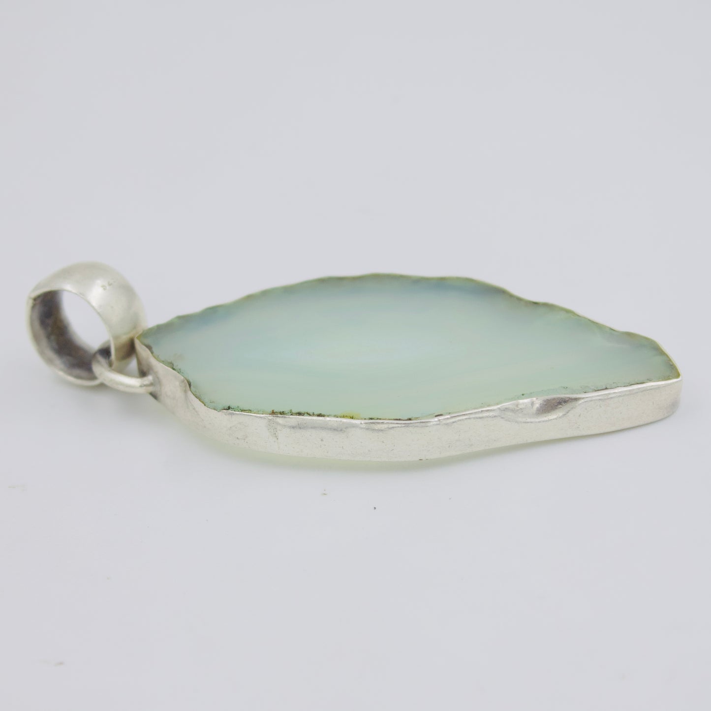 Artisanal Natural Light Blue Agate Slice Bezel Set Pendant in Sterling Silver