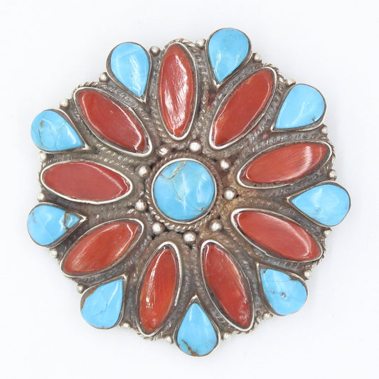 Vintage Southwestern Natural Turquoise & Coral Pendant in Sterling Silver