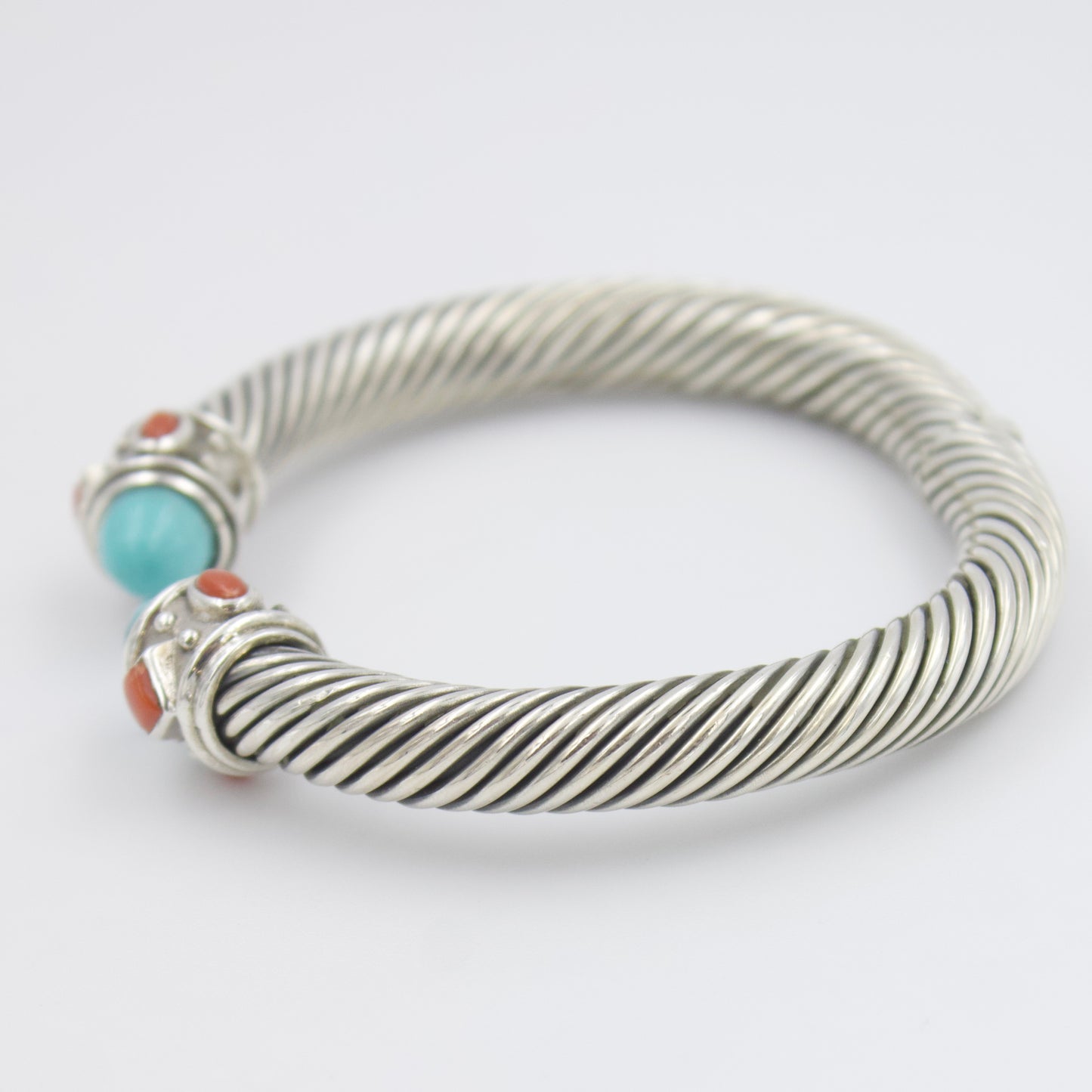 Natural Turquoise & Coral Twisted Cable Cuff Bracelet in Sterling Silver