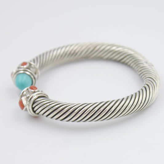 Natural Turquoise & Coral Twisted Cable Cuff Bracelet in Sterling Silver