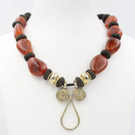 Vintage Tribal Carnelian Threaded Pendant Necklace in Sterling Silver