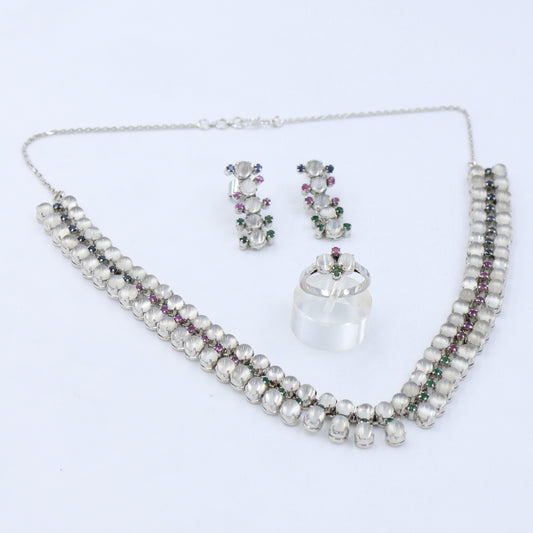 43.4 Ct AAA Natural Moonstone, Emerald, Pink & Blue Sapphire Silver Necklace, Earring & Ring Set