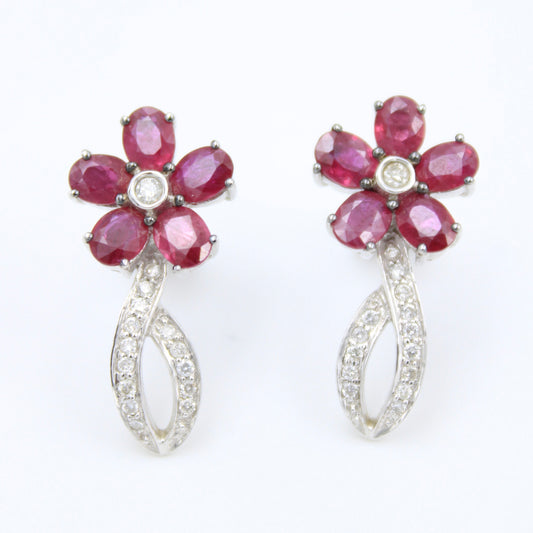 Elegant 3.47 TCW Natural Ruby and Diamond Floral Drop Earring in 18K Gold