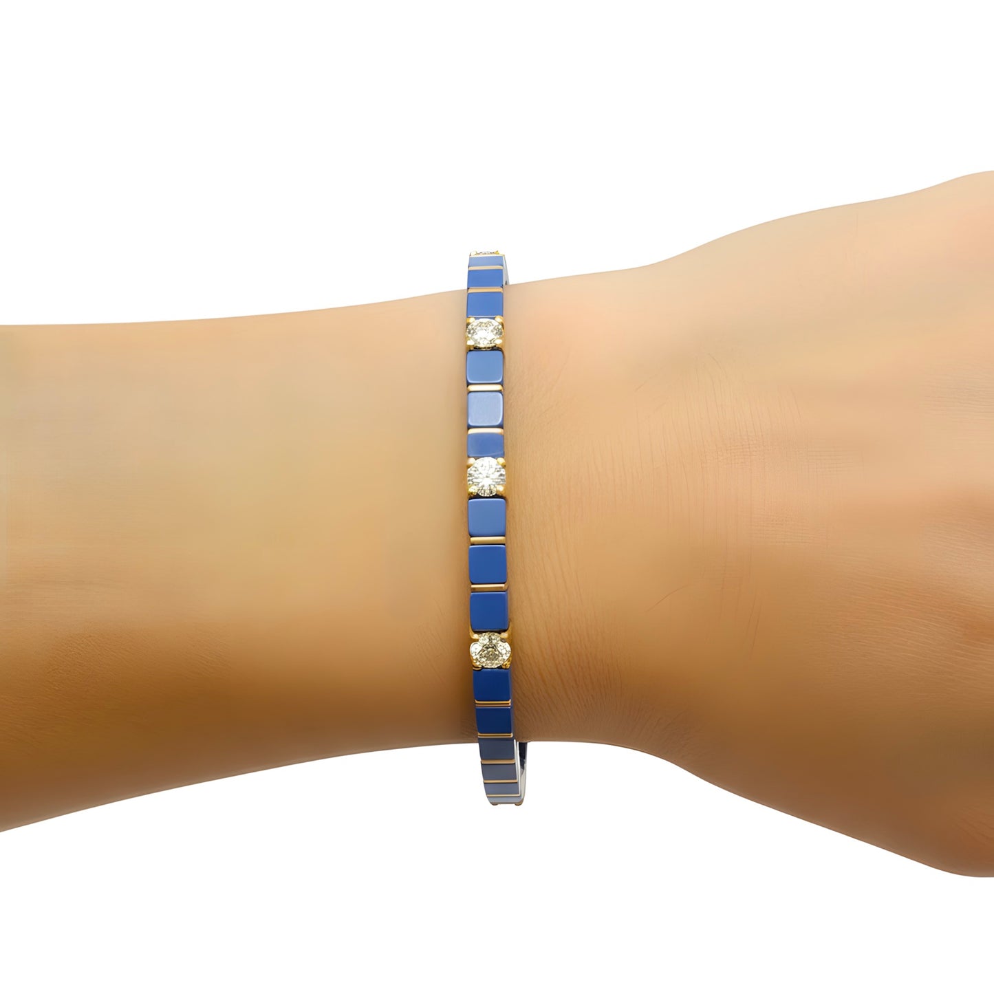 Natural 45.29 TCW Lapis Lazuli and Diamond Tile Beaded Bracelet 14K Gold