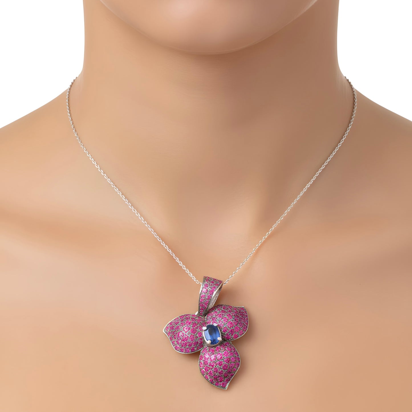 Vintage 4.15 TCW Natural Kyanite & Burmese Ruby Floral Pave Pendant in Sterling Silver