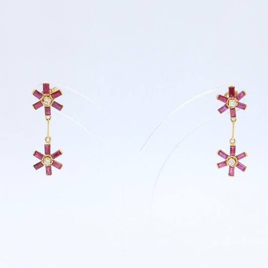 Elegant 1.26 TCW Natural Untreated Ruby & Diamond Floral Drop Earring in 18K Yellow Gold