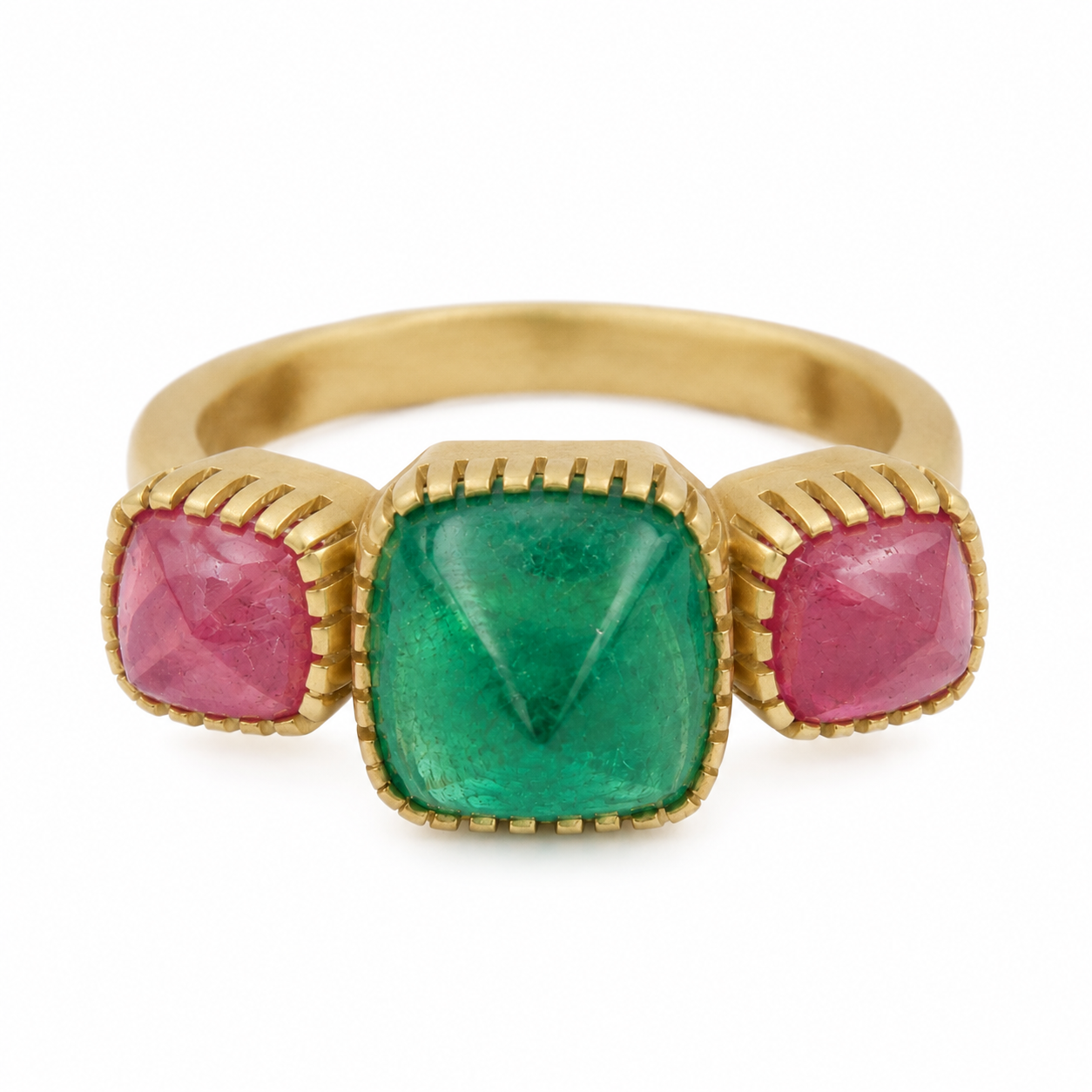 Unique 5.1 TCW Zambian Emerald & Mahenge Spinel 3 Stone Ring in 18K Brushed Gold