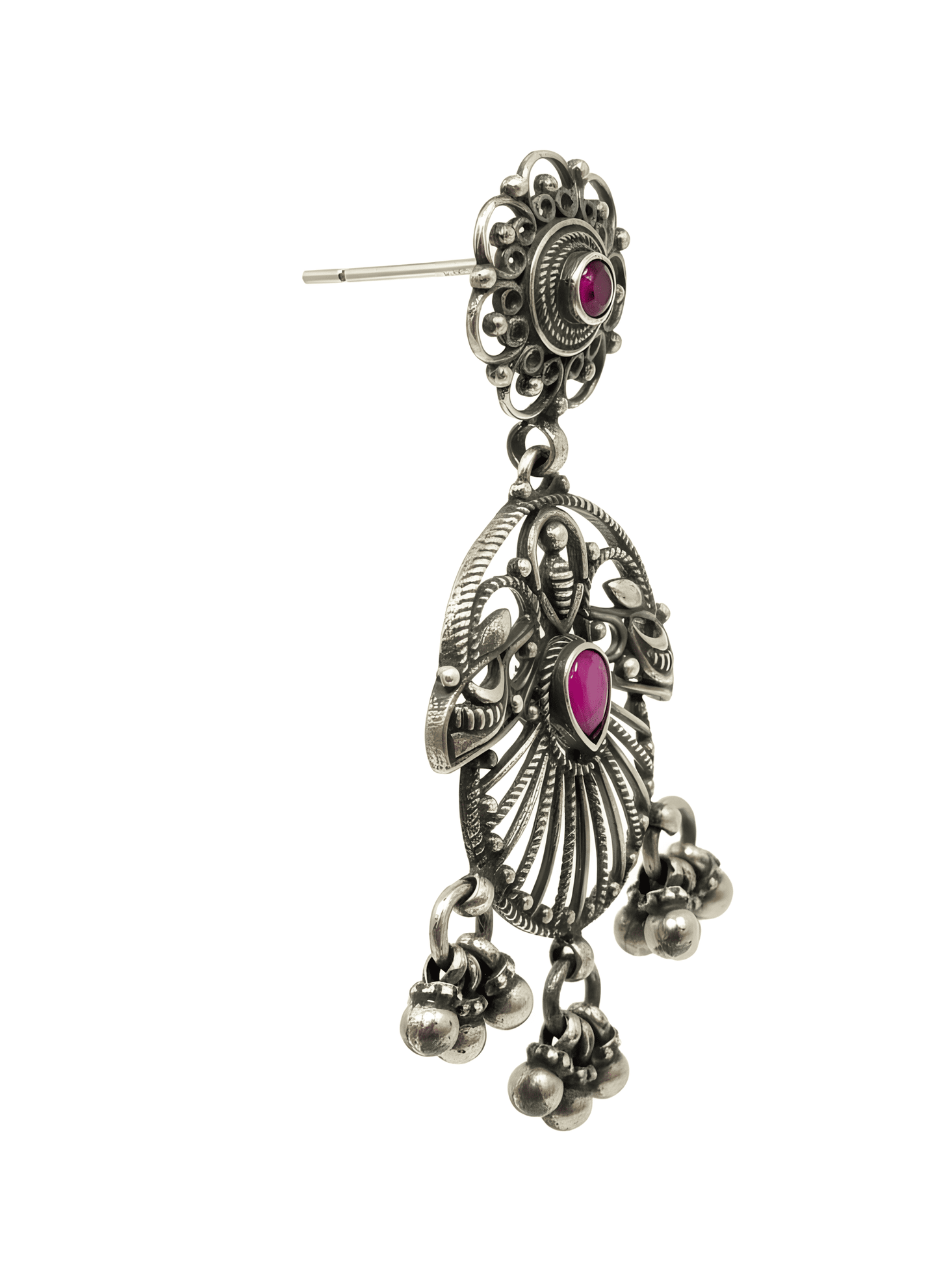 925 Silver Pink Rhinestone Filigree Drop Earrings