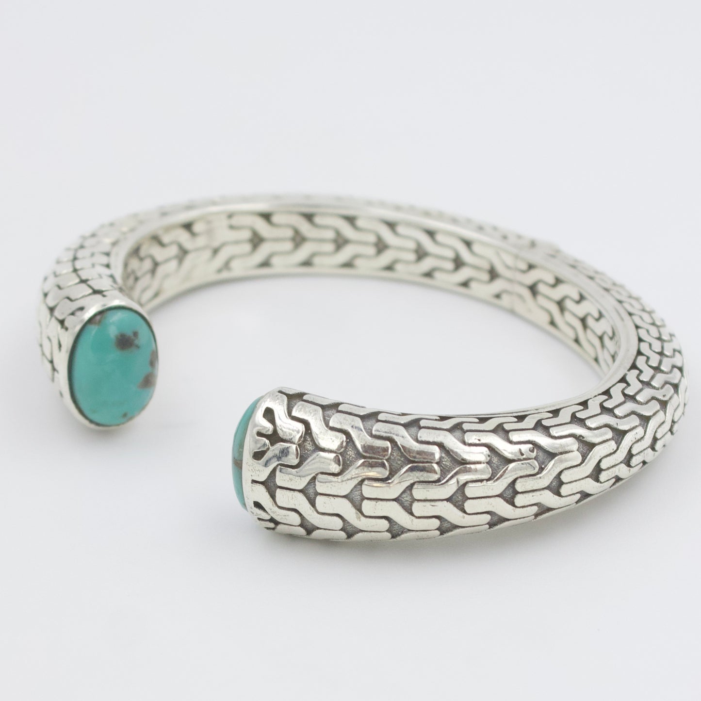 Natural Turquoise Hinged Etched Cuff Bracelet in Sterling Silver
