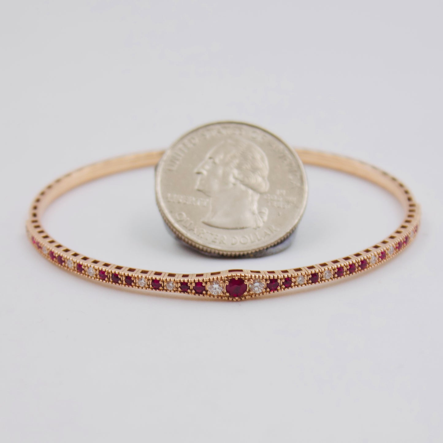 Vintage 0.85ct Burmese Ruby & Diamond Milgrain Stackable Hinged Bangle in 18K Rose Gold