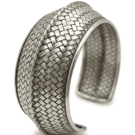 Indonesian Hand-woven Timeles Broad Cuff Bracelet in Sterling Silver Adjustable Size