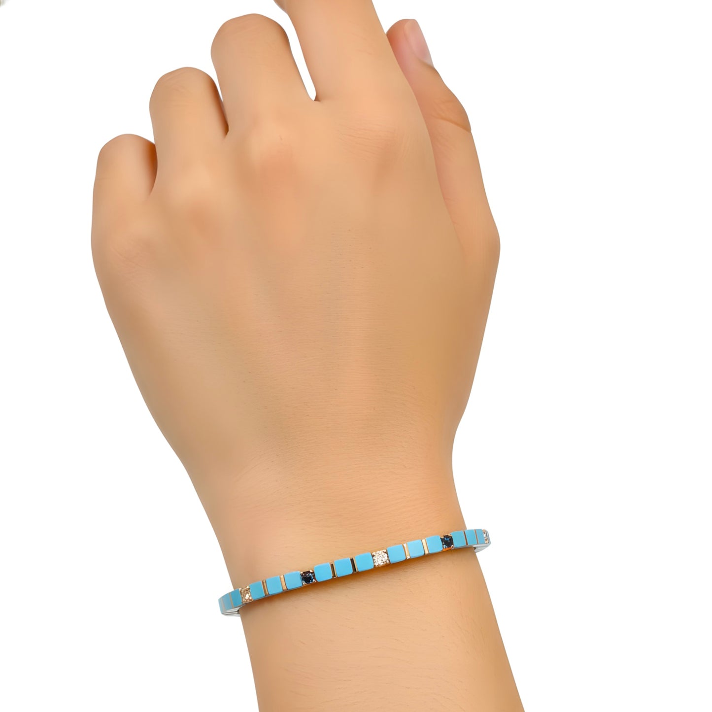 Natural 39.7 TCW Desert Diamond, Turquoise & Sapphire Beaded Bracelet 14K Gold