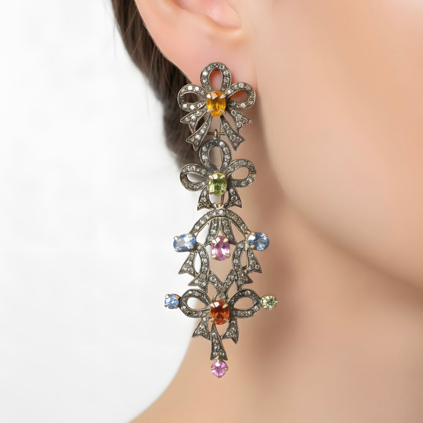 Victorian 7.96 Ct Natural Untreated Sapphire & Diamond Drop Earring 14K & Silver