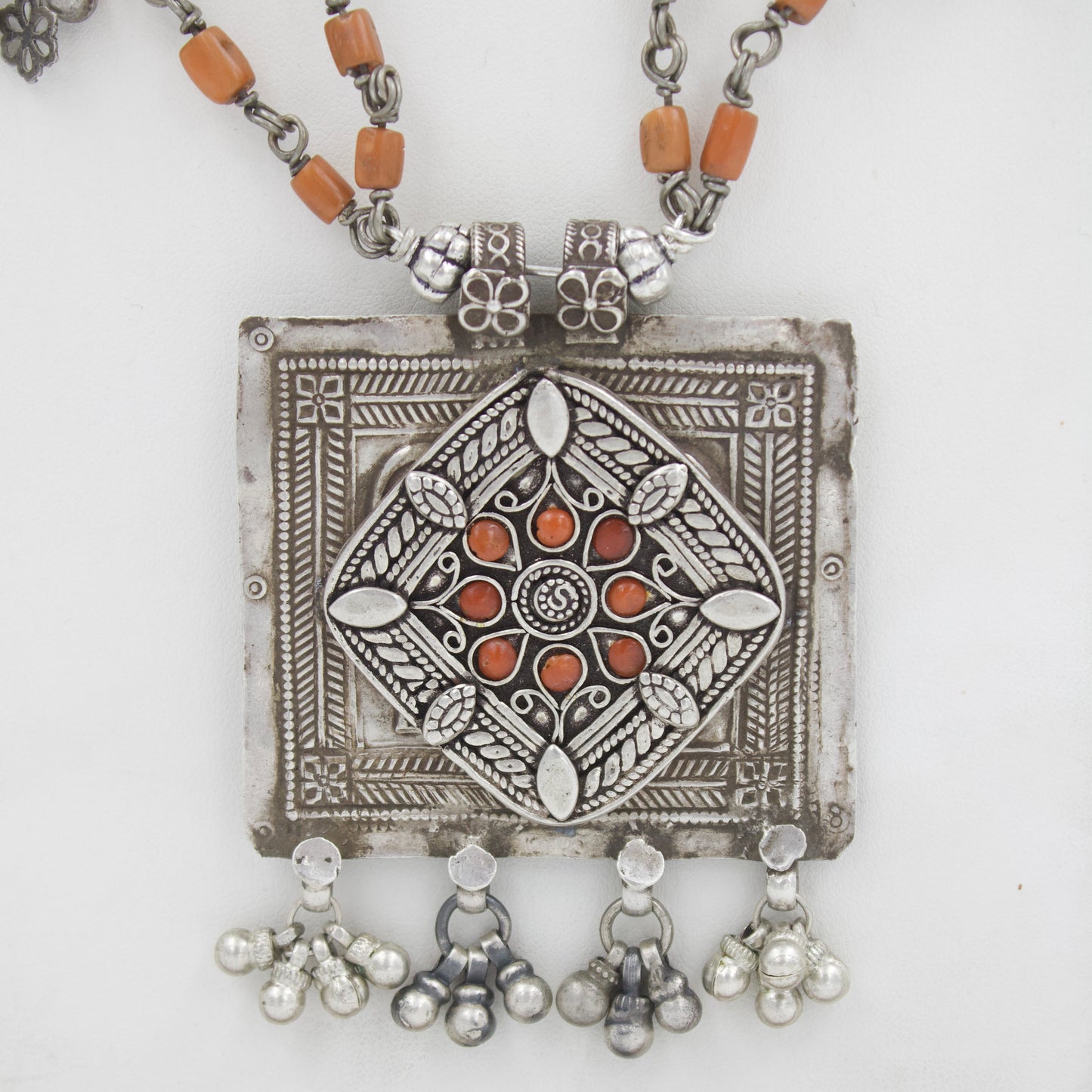 Navratri Antique Coral Necklace Double Strand Square Pendant in Sterling Silver