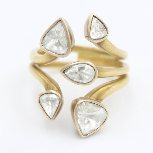 Natural 0.80 Ct Rose Cut Diamond Between the Finger Ring in 18K Brushed Gold