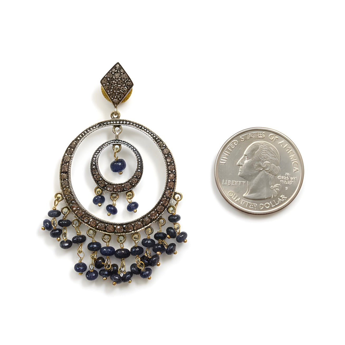 Victorian 3.21 Ct Natural Sapphire & Diamond Chandelier Earring 14K & Silver