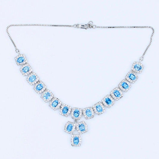 Vintage Swiss Blue Topaz & CZ Statement Necklace Earring and Ring in Sterling Silver