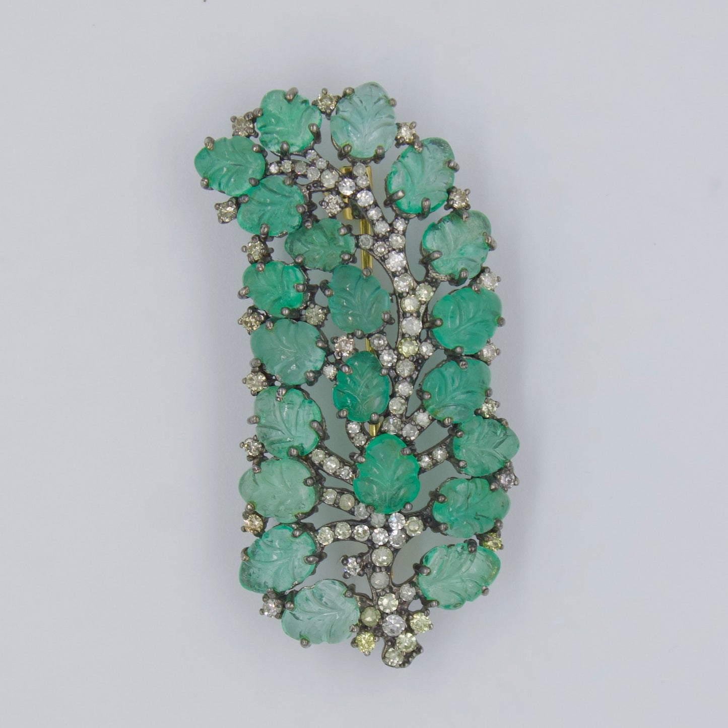 Carved Emerald & Diamond Leaf Brooch in 14K Gold & Sterling Silver