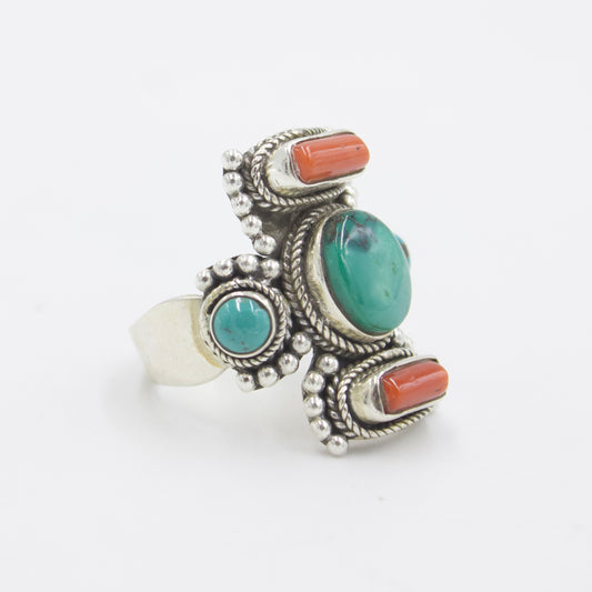 Vintage Multi-Stone Ring with Turquoise and Red Coral in Sterling Silver