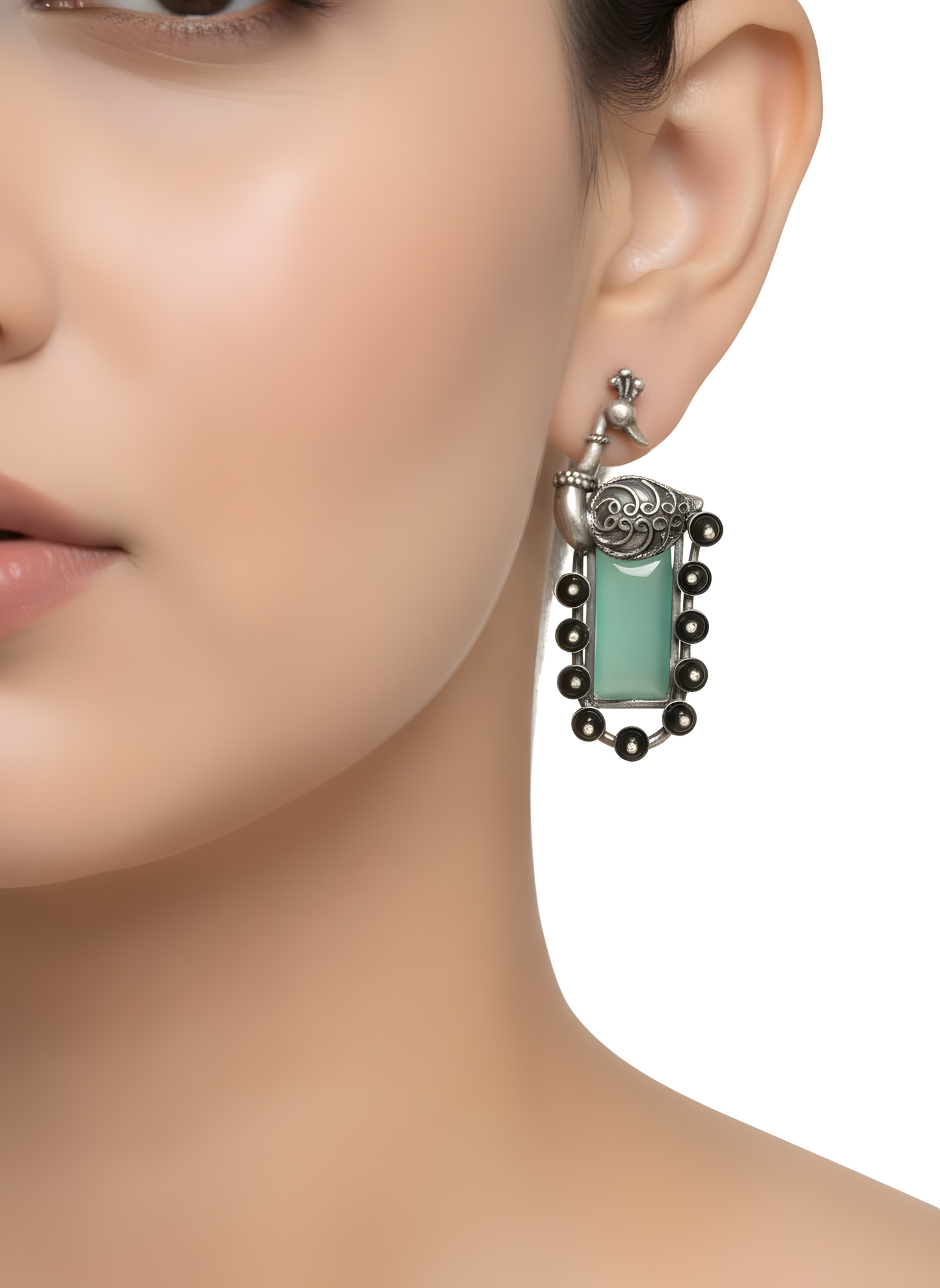 Artisanal Sterling Silver Peacock Motif Earrings with Mint Chalcedony