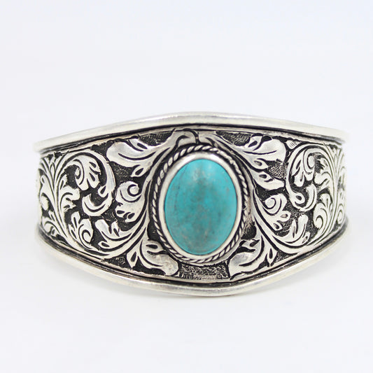 Vintage Hand Etched Chitai Work Turquoise Cuff Bracelet in Sterling Silver