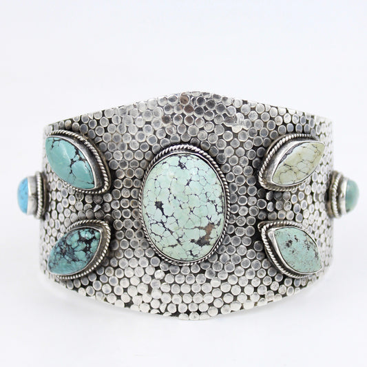 Vintage Handmade Turquoise Broad Statement Cuff Bracelet in Sterling Silver