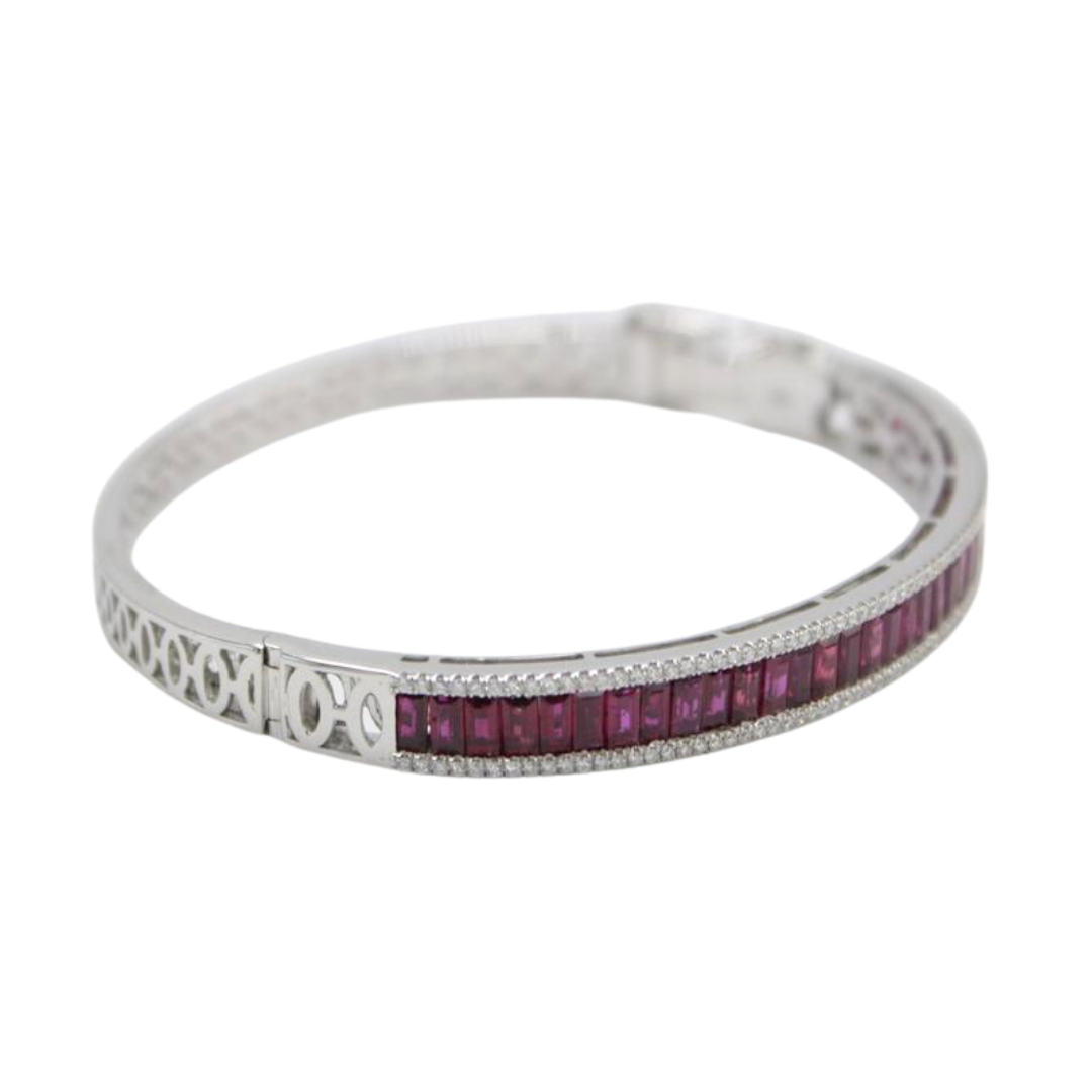 Natural 5.94 Untreated Vivid Red Ruby & Diamond Hinged Bangle 18k White Gold