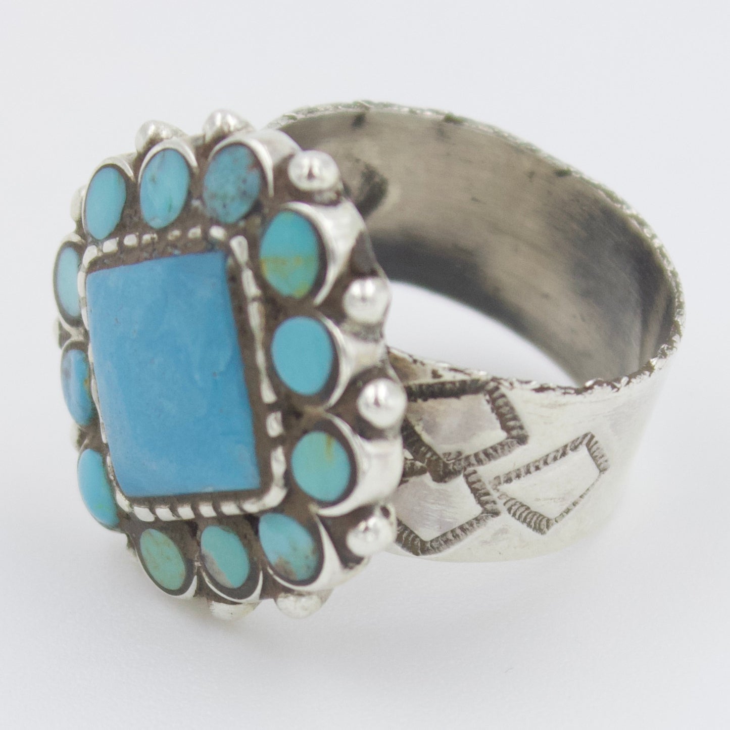 Vintage Natural Square Turquoise Cluster Statement Ring in Sterling Silver size 7