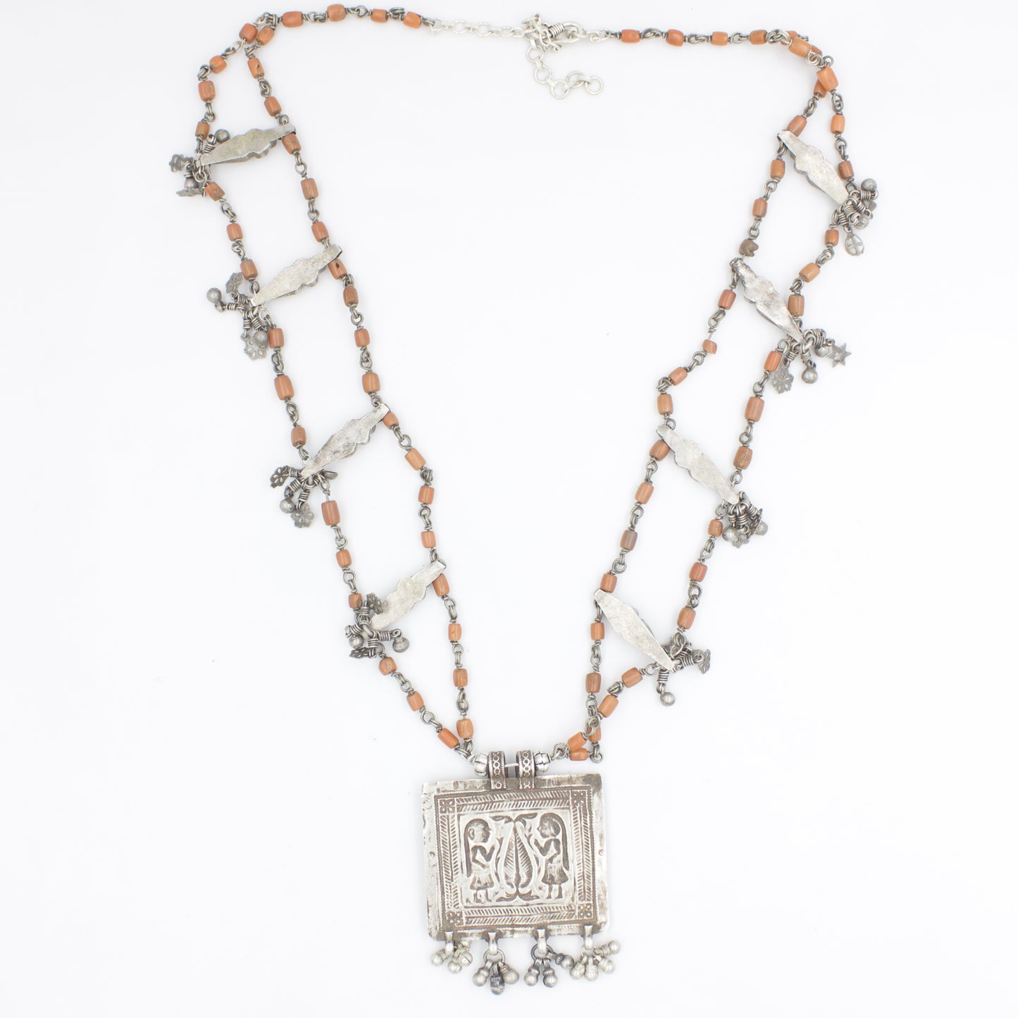 Navratri Antique Coral Necklace Double Strand Square Pendant in Sterling Silver