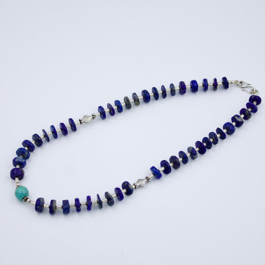 Vintage Lapis and Turquoise Beaded Statement Necklace in Sterling Silver
