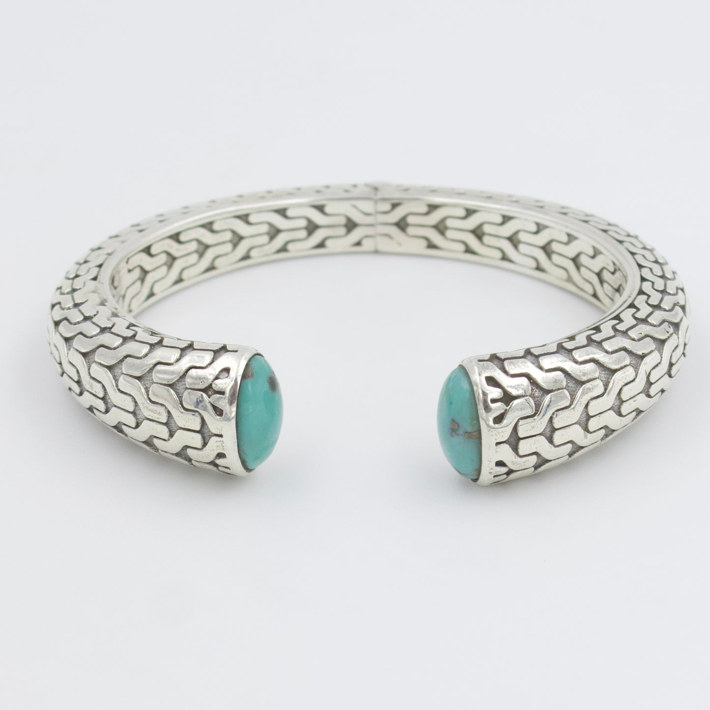 Natural Turquoise Hinged Etched Cuff Bracelet in Sterling Silver