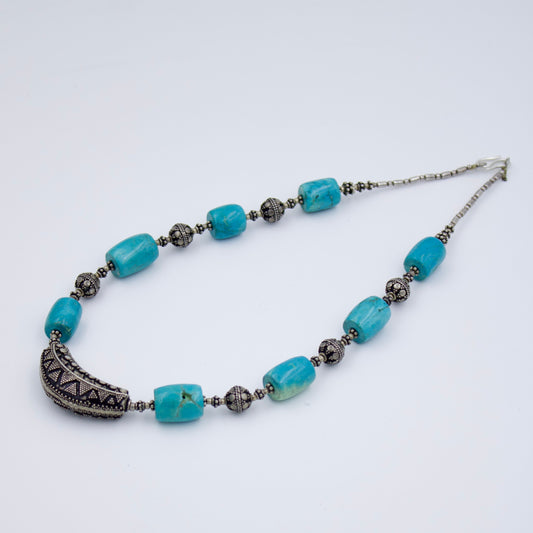 Vintage Turquoise Handmade Rawa Pendant Necklace in Sterling Silver