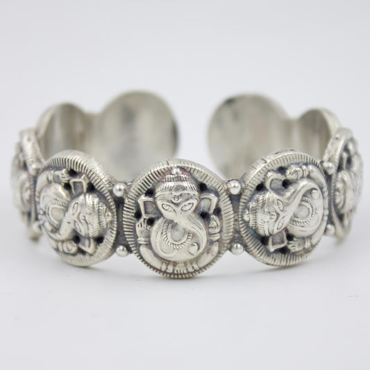 Vintage Handmade Etched Lord Ganesha Statement Cuff Bracelet in Sterling Silver