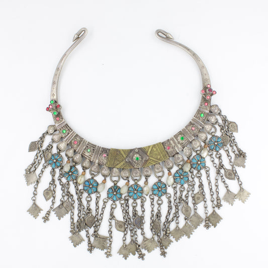 Antique Afghan Tribal Hasli Collar Necklace with Turquoise in Silver
