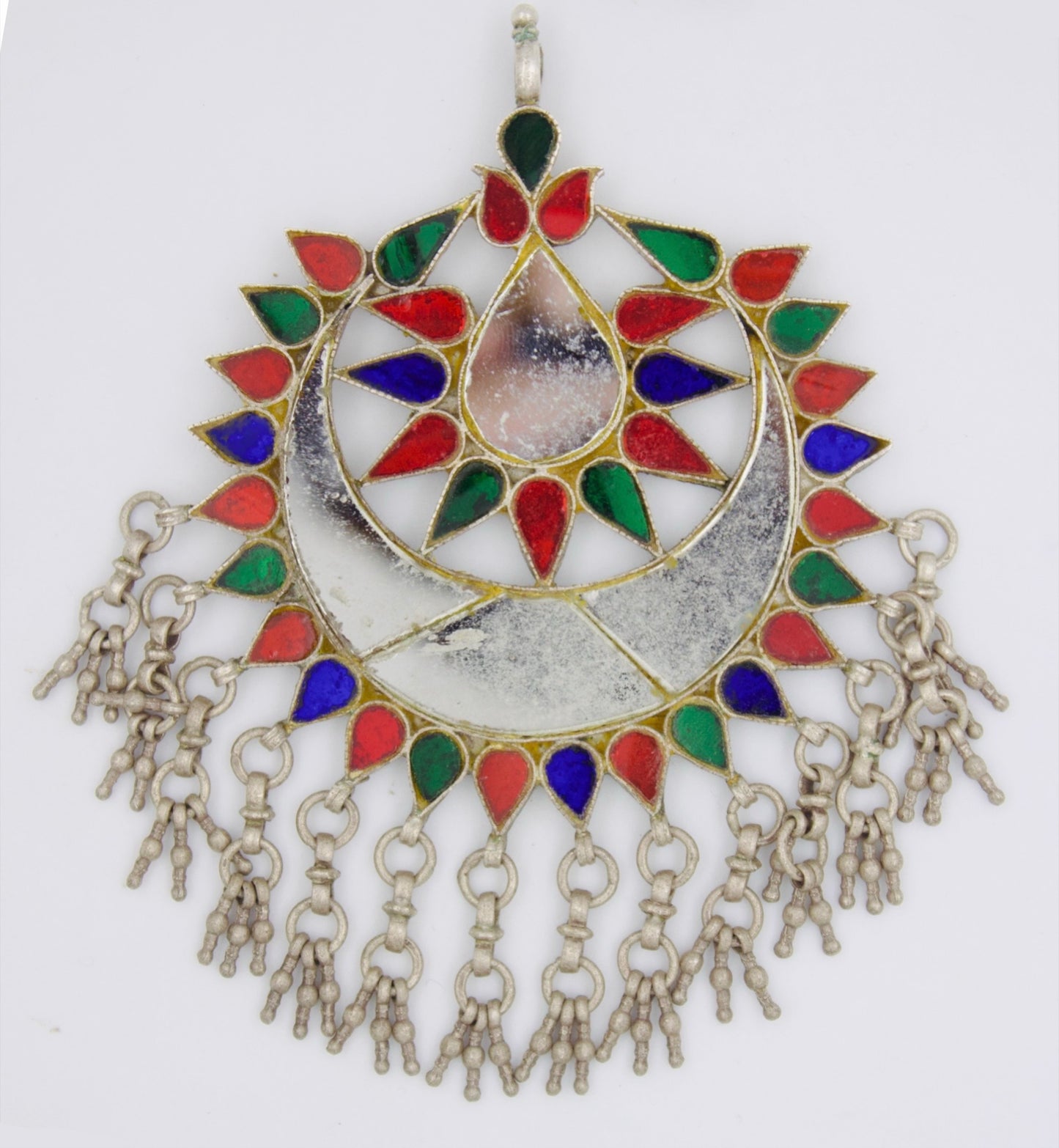 Vintage Tribal Coloured Glass Crescent Moon Pendant in Sterling Silver