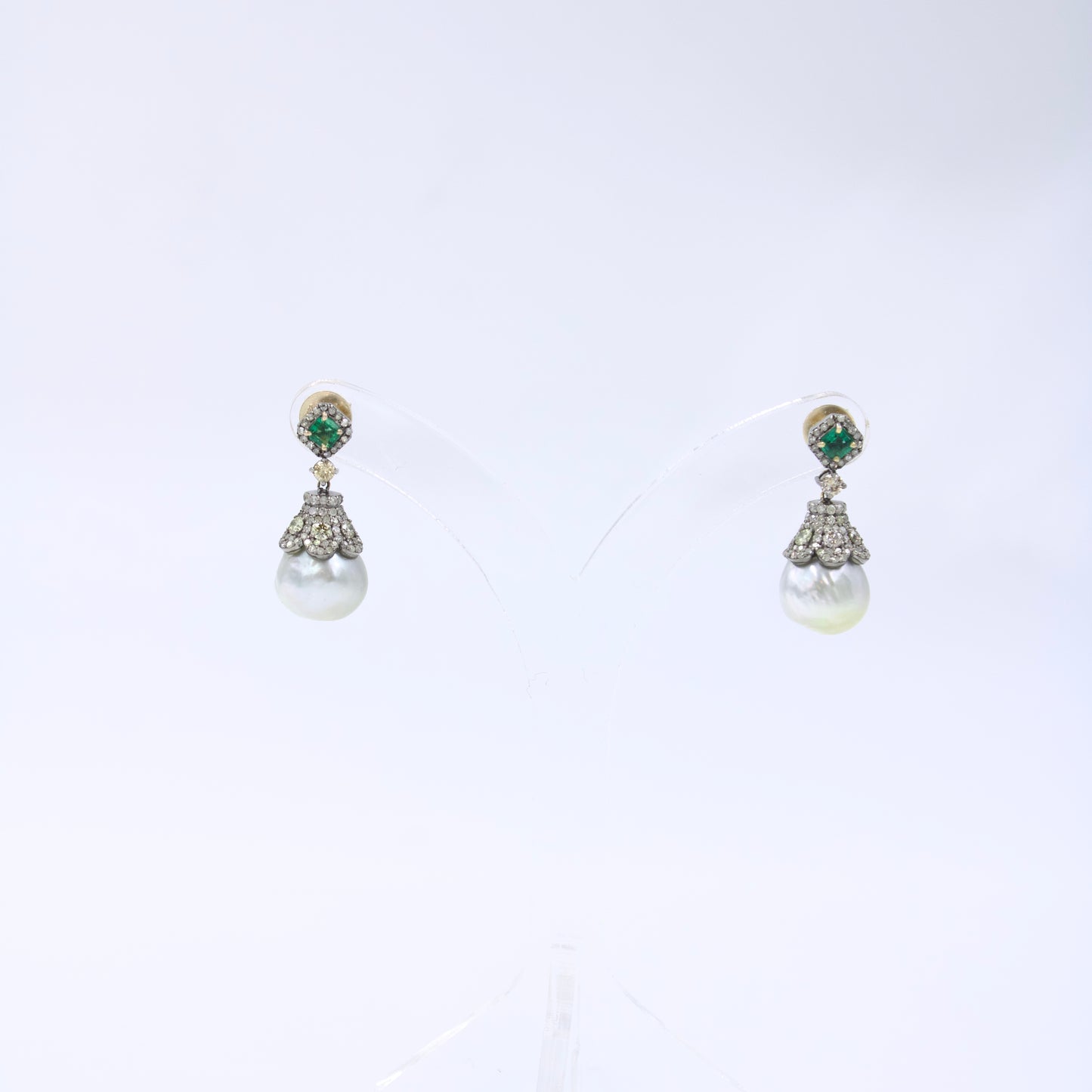 Art Deco Gold Silver Emerald Diamond Southsea Pearl Earrings in 14K Gold & Sterling Silver