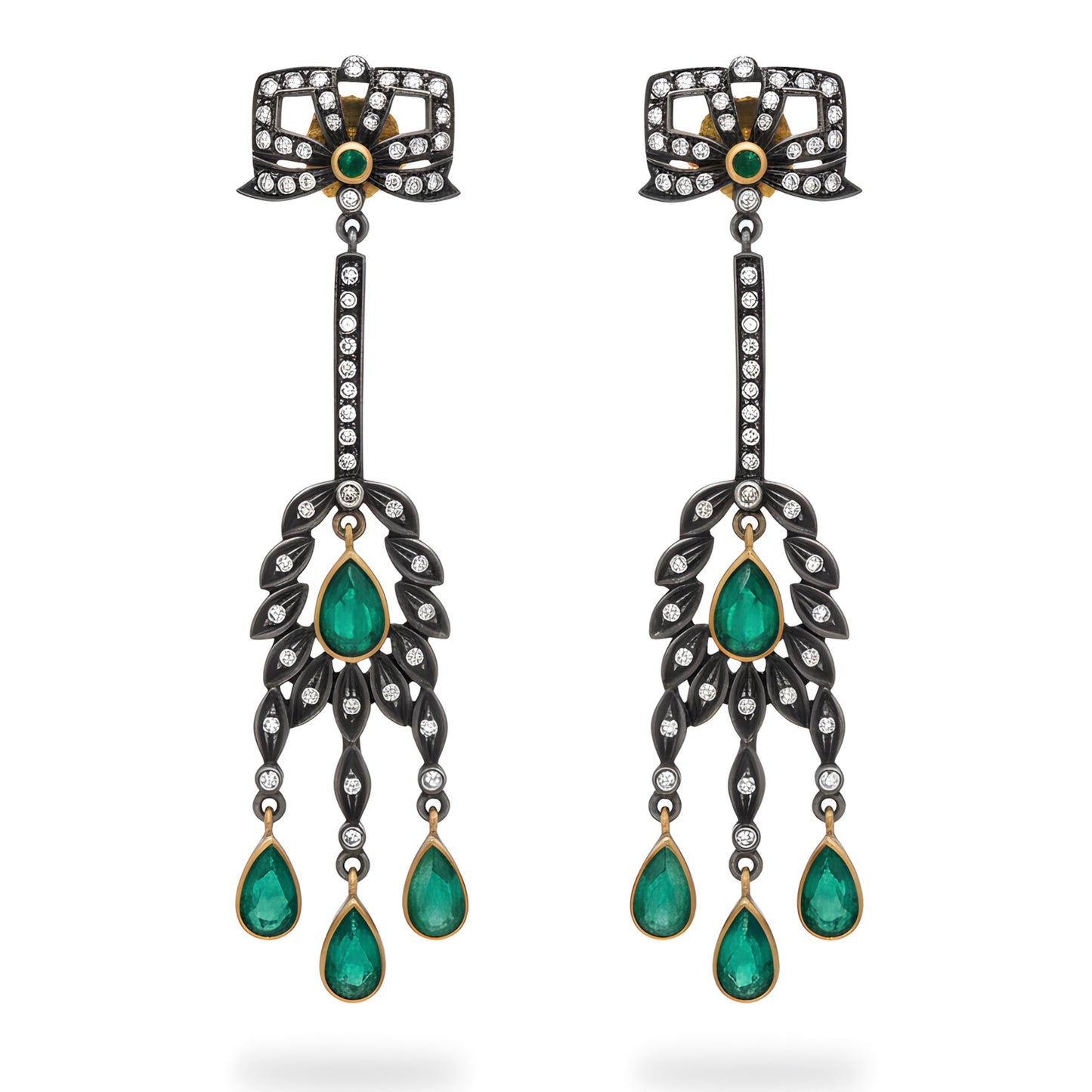 Victorian 2.45 Ct Natural Emerald & Diamond Drop Earrings in 14K Gold & Silver
