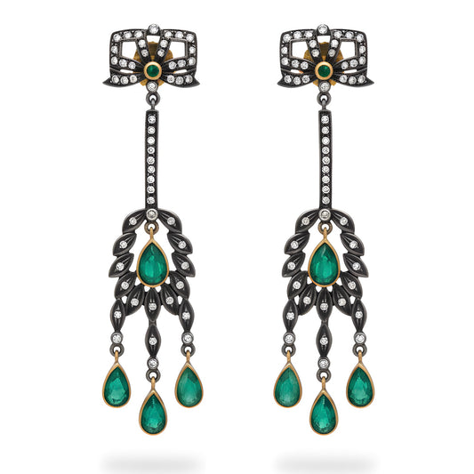 Victorian 2.45 Ct Natural Emerald & Diamond Drop Earrings in 14K Gold & Silver
