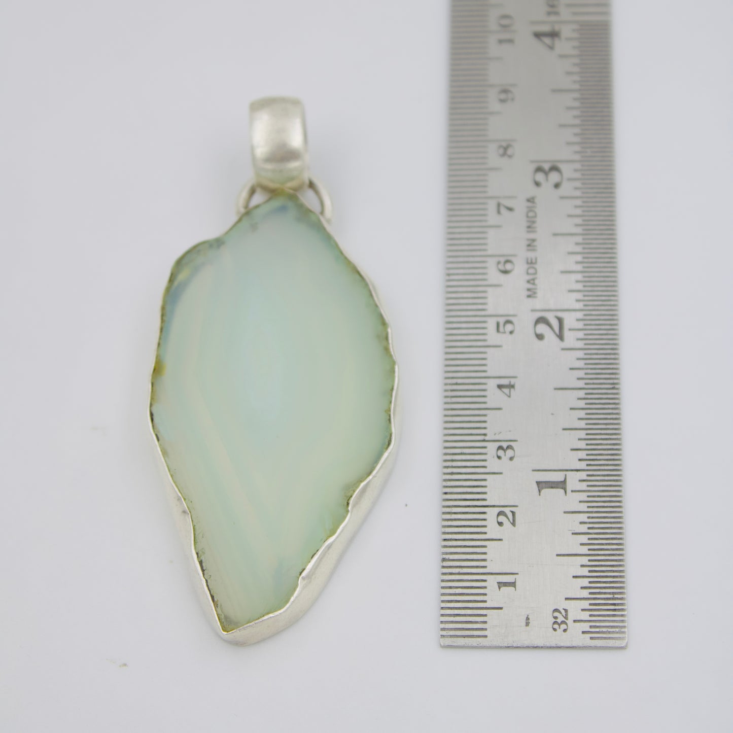 Artisanal Natural Light Blue Agate Slice Bezel Set Pendant in Sterling Silver