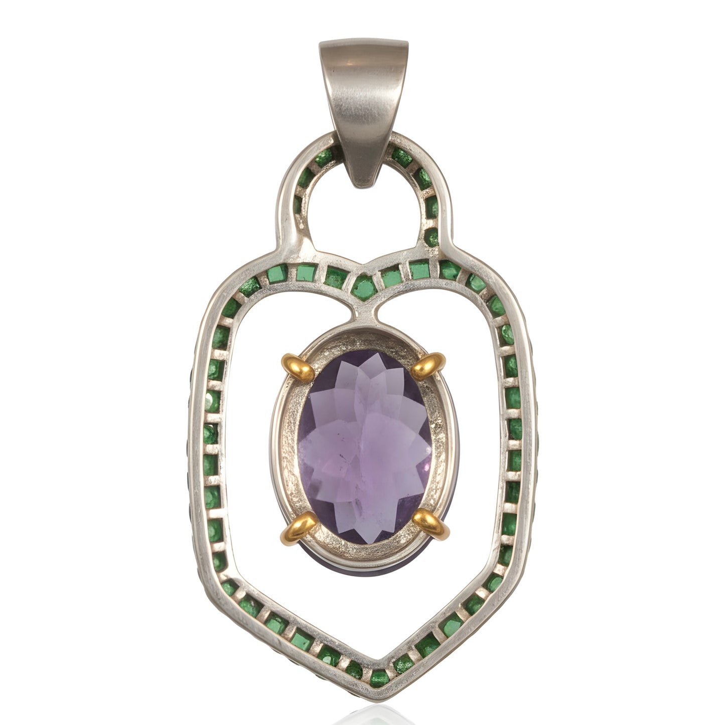 Victorian 22.5 Ct Statement Amethyst & Emerald Pendant in 14k Gold & Silver