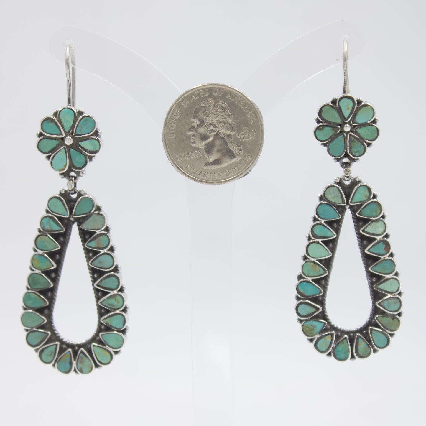 Vintage Turquoise Petit Point Floral Drop Earrings in Sterling Silver
