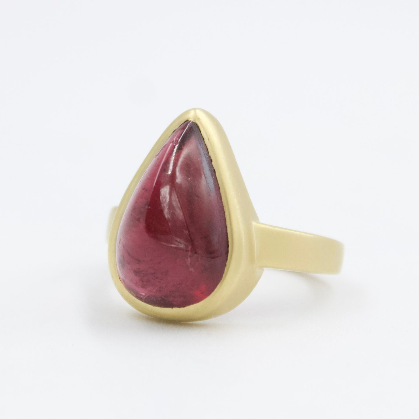 8.6 Ct Vivid Red Rubellite Tourmaline Pear Sugarloaf Ring in 18KY Brushed Gold