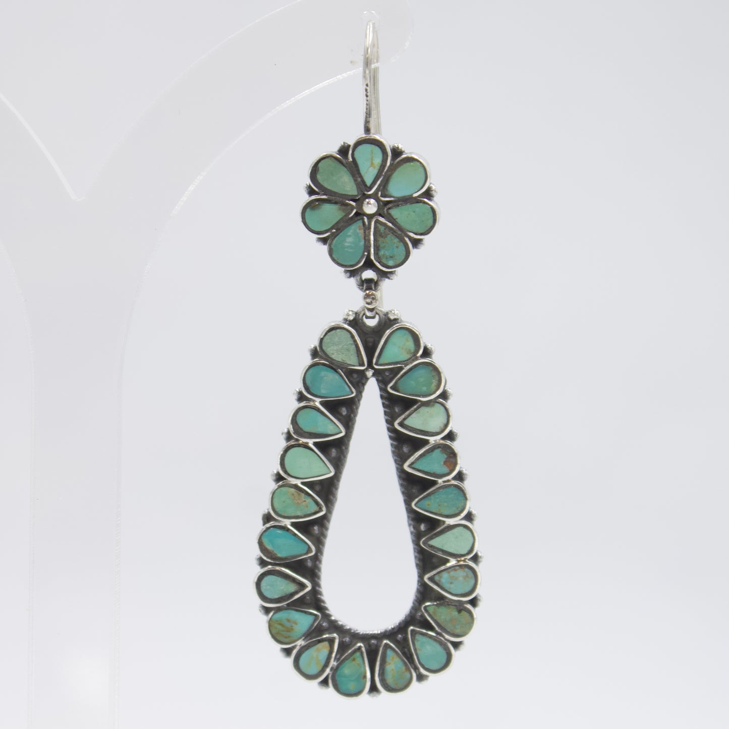 Vintage Turquoise Petit Point Floral Drop Earrings in Sterling Silver