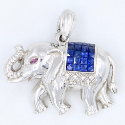 Handmade 1.93 TCW Natural Sapphire Elephant Pendant / Brooch Pin in 18K White Gold