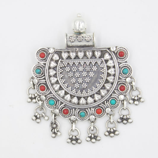 Vintage Tribal Boho Statement Pendant with Coral and Turquoise in 925 Sterling Silver