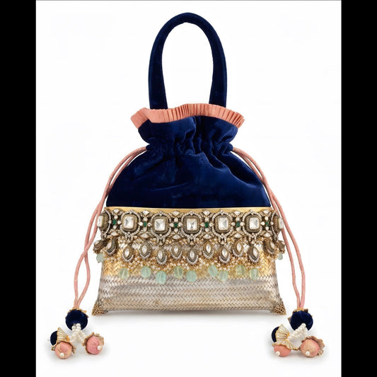 Moissanite & Sterling Silver Mesh Handcrafted Royal Blue Velvet Evening Potli Pouch