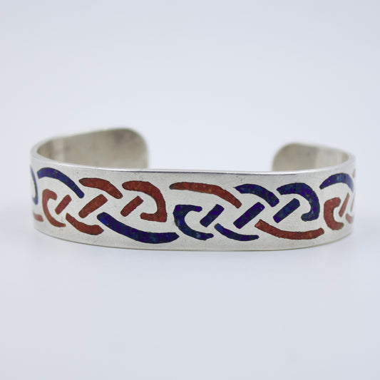 Vintage Tibetan Coral and Lapis Inlay Cuff Bracelet in Sterling Silver